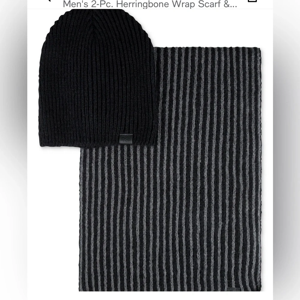 NWT Kenneth‎ Cole Reaction Men’s Gray Black Striped Scarf Beanie Set One Size